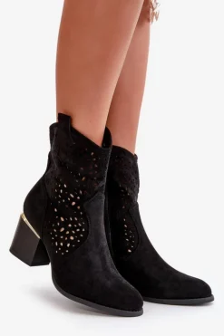 Ażurowe Botki Na Słupku Z Eko Zamszu Zapinane Na Zamek Czarne Sevana