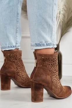 Ażurowe Botki Na Słupku Zamszowe Exquisite 1219 Koniak