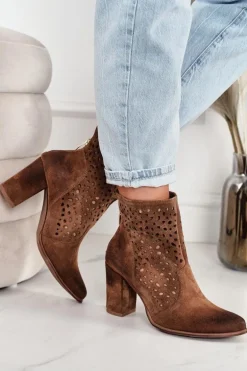 Ażurowe Botki Na Słupku Zamszowe Exquisite 1219 Koniak