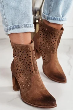Ażurowe Botki Na Słupku Zamszowe Exquisite 1219 Koniak