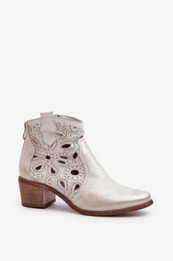 Ażurowe Botki Skórzane Lewski Shoes 3170/2 Złoty Przecierany