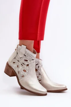 Ażurowe Botki Skórzane Lewski Shoes 3170/2 Złoty Przecierany