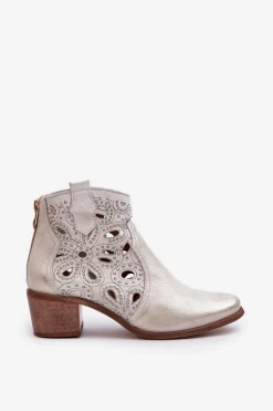 Ażurowe Botki Skórzane Lewski Shoes 3170/2 Złoty Przecierany