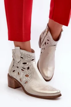 Ażurowe Botki Skórzane Lewski Shoes 3170/2 Złoty Przecierany