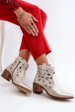 Ażurowe Botki Skórzane Lewski Shoes 3170/2 Złoty Przecierany