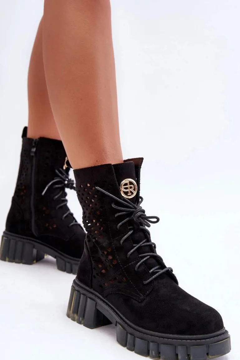 Ażurowe Botki Workery Czarne Ideally