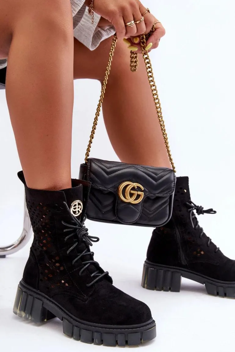 Ażurowe Botki Workery Czarne Ideally