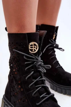 Ażurowe Botki Workery Czarne Ideally