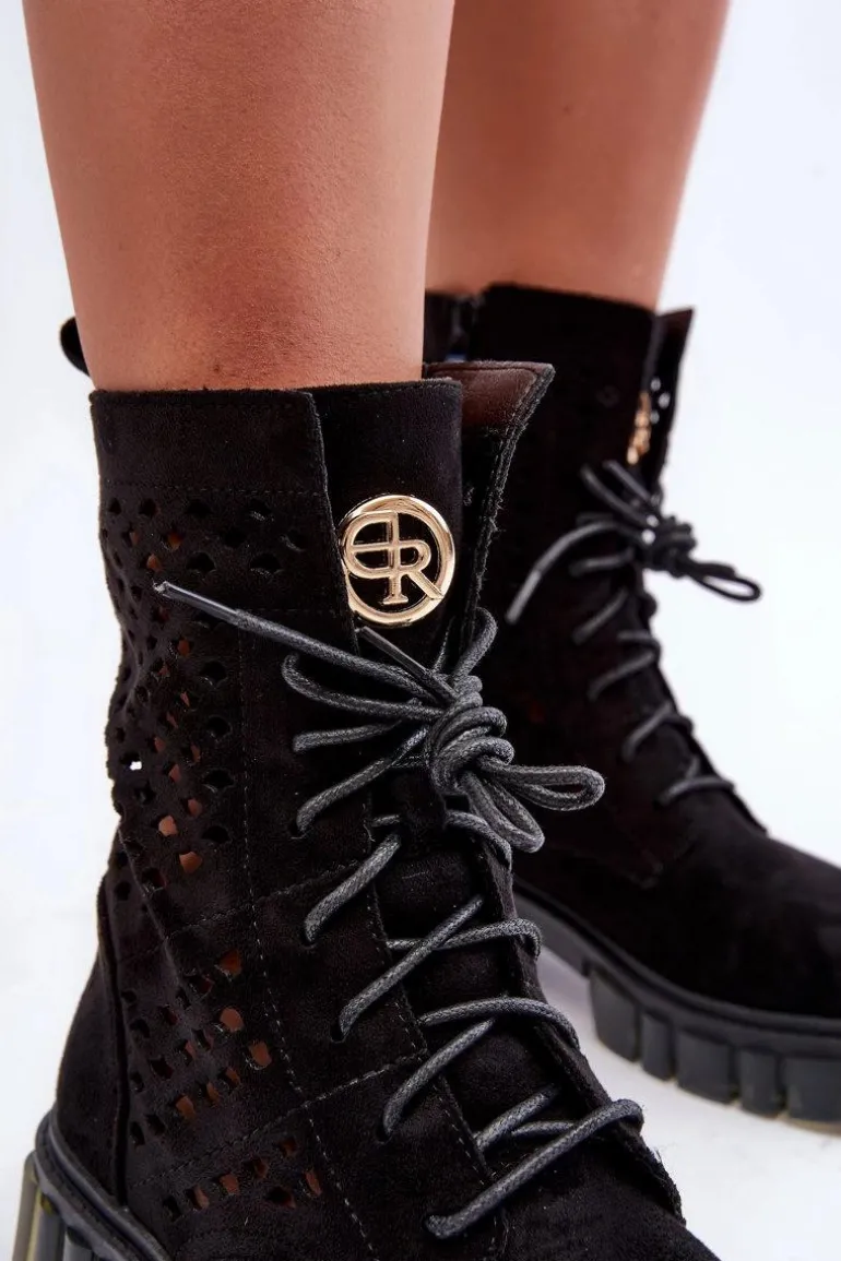 Ażurowe Botki Workery Czarne Ideally