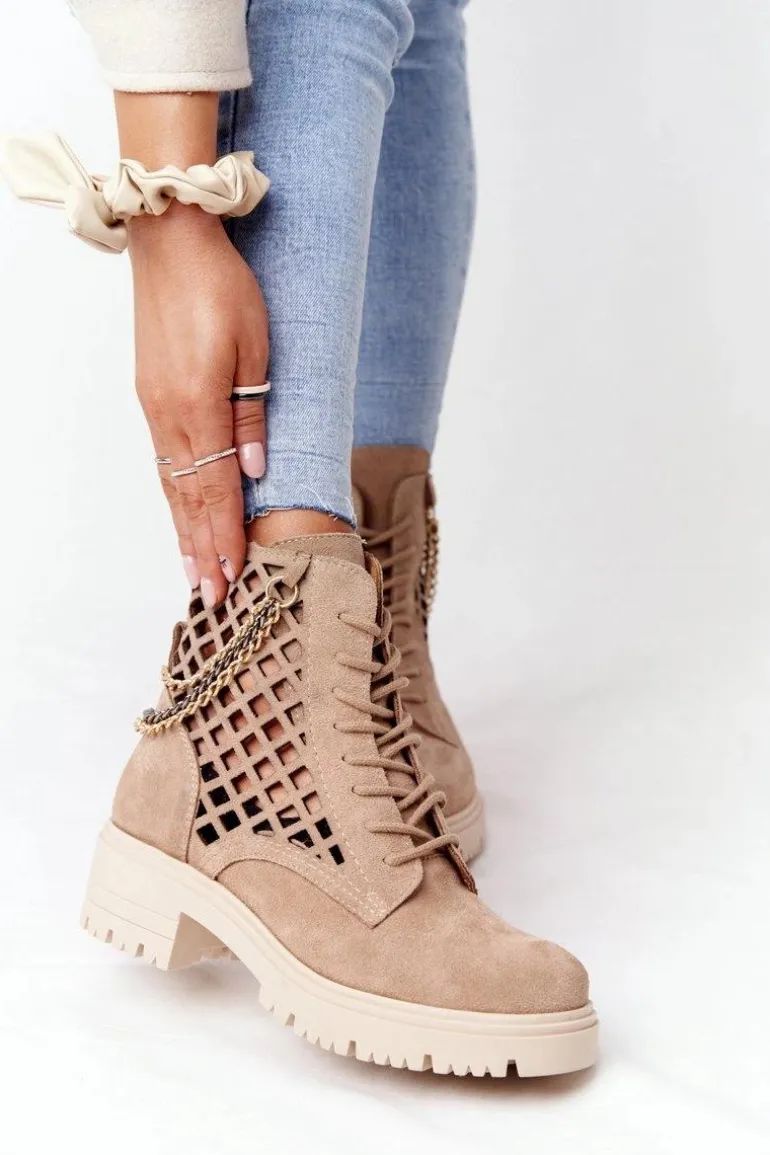 Ażurowe Botki Workery Lewski Shoes 3030-0 Piaskowe