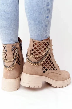 Ażurowe Botki Workery Lewski Shoes 3030-0 Piaskowe