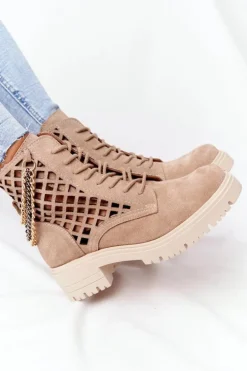 Ażurowe Botki Workery Lewski Shoes 3030-0 Piaskowe
