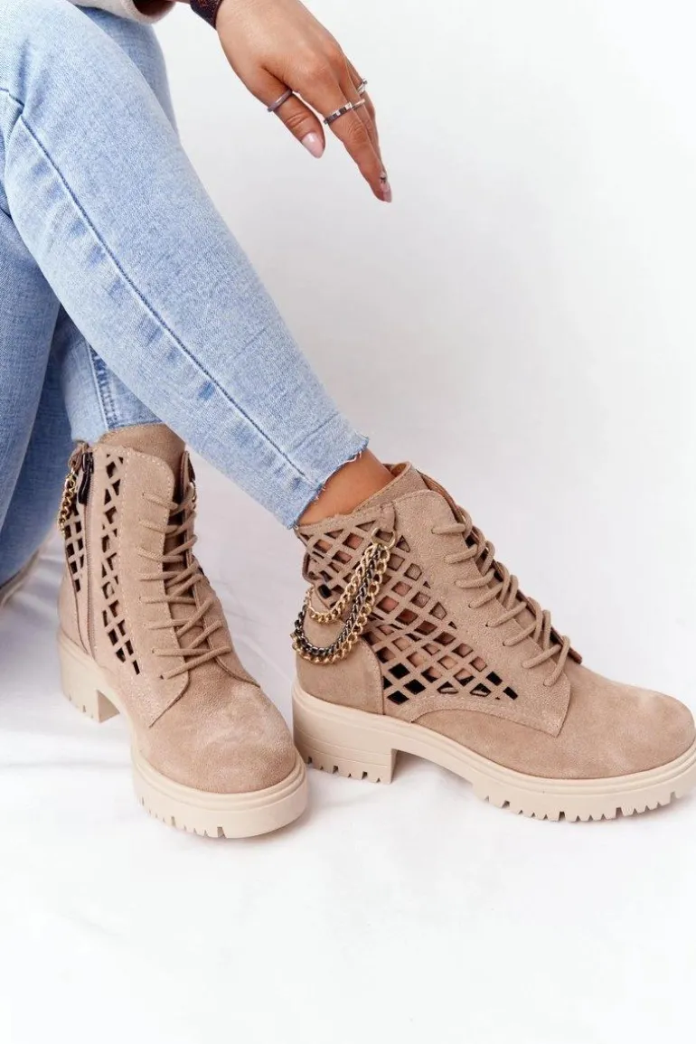 Ażurowe Botki Workery Lewski Shoes 3030-0 Piaskowe