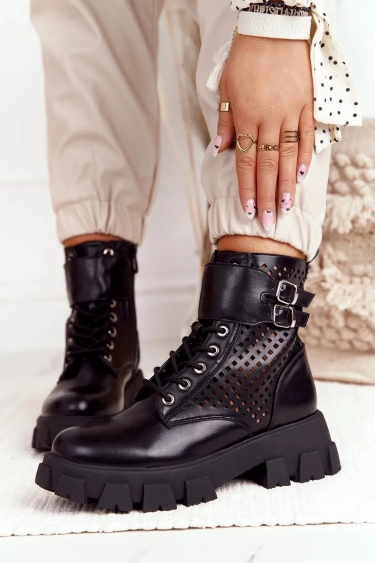 Ażurowe Botki Workery Na Platformie Czarne Blown Away