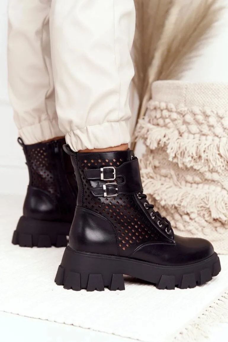 Ażurowe Botki Workery Na Platformie Czarne Blown Away