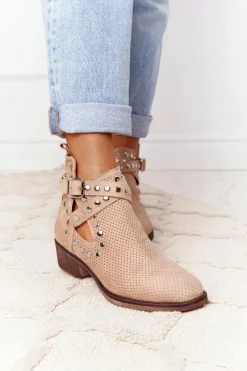 Ażurowe Botki Z Dżetami Beżowe Dakota