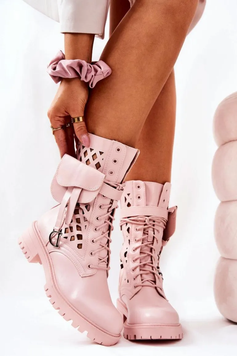 Ażurowe Botki Z Nerką Różowe Rock Star