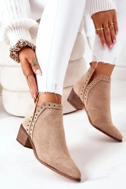 Ażurowe Botki Z Wycięciami Beżowe Western