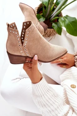 Ażurowe Botki Z Wycięciami Beżowe Western