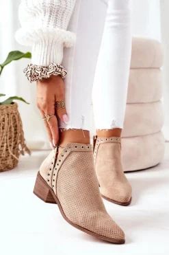 Ażurowe Botki Z Wycięciami Beżowe Western