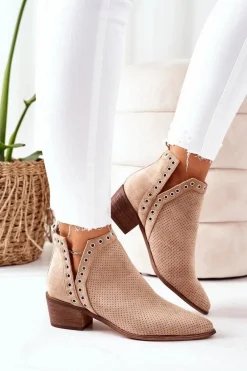 Ażurowe Botki Z Wycięciami Beżowe Western