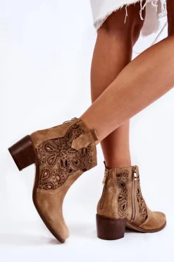 Ażurowe Botki Zamszowe Lewski Shoes 3170/2 Beżowe