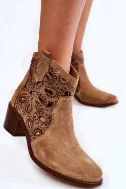 Ażurowe Botki Zamszowe Lewski Shoes 3170/2 Beżowe