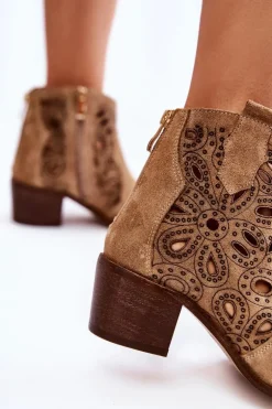 Ażurowe Botki Zamszowe Lewski Shoes 3170/2 Beżowe