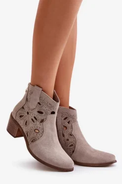 Ażurowe Botki Zamszowe Lewski Shoes 3170/2 Cappucino