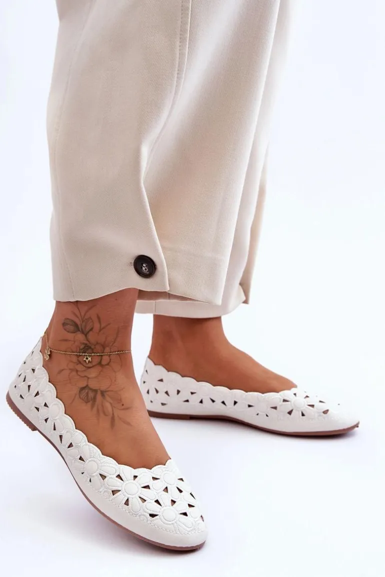 Ażurowe Błyszczące Baleriny Damskie Białe Visionary