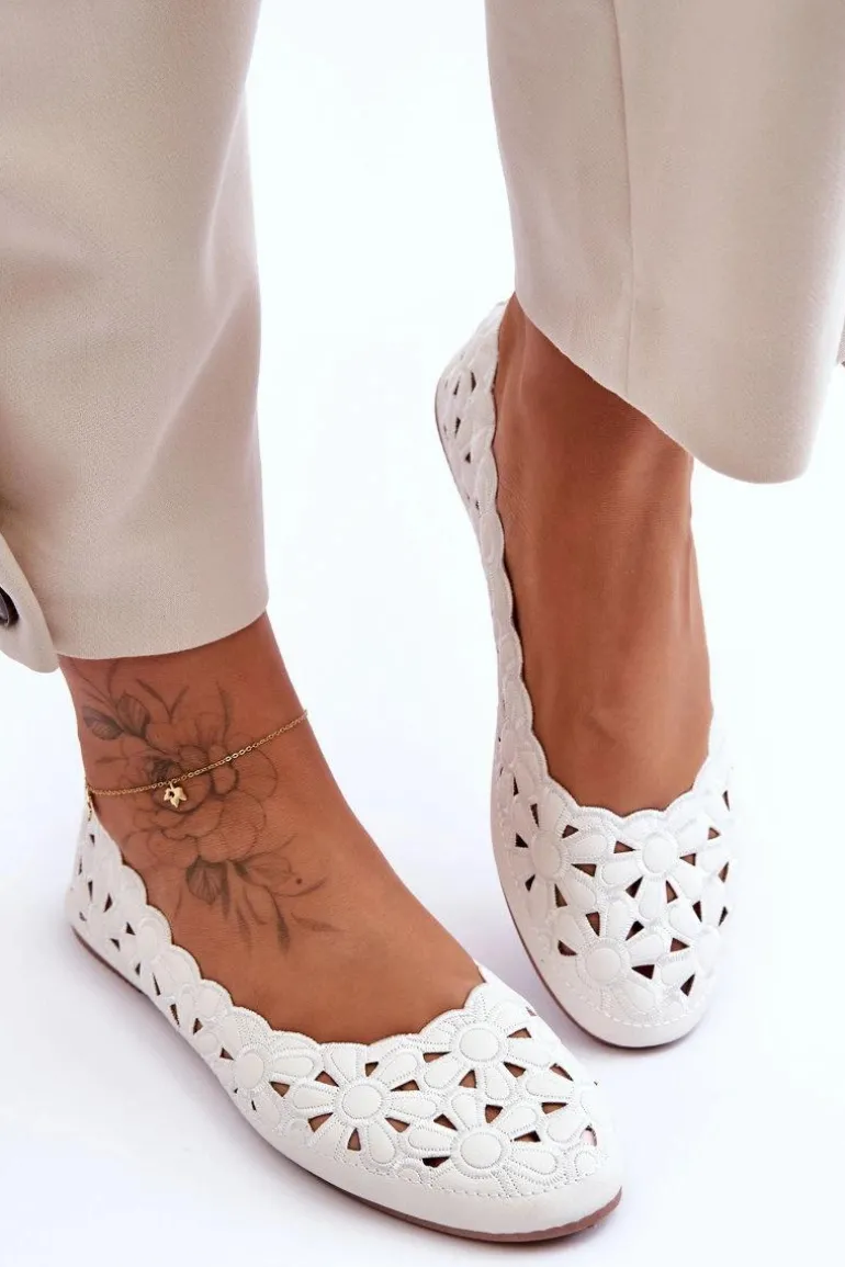 Ażurowe Błyszczące Baleriny Damskie Białe Visionary