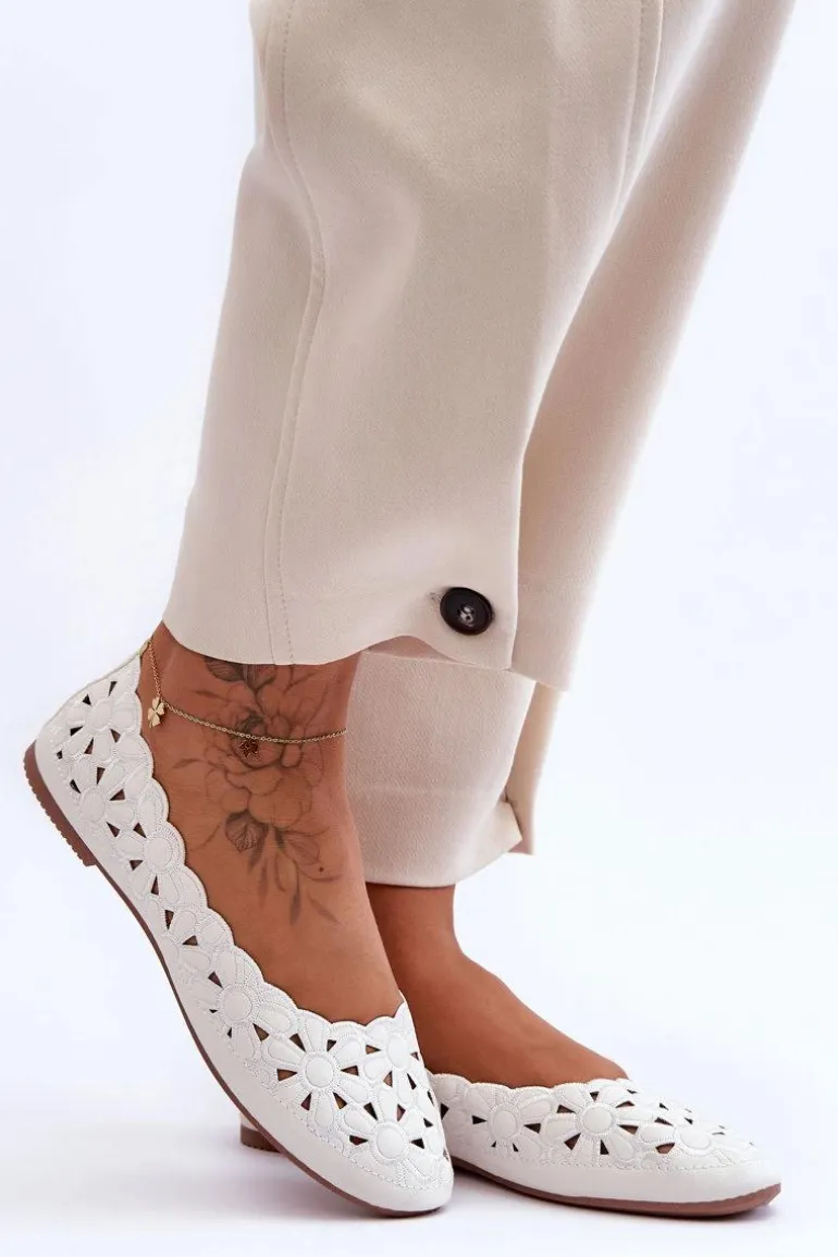 Ażurowe Błyszczące Baleriny Damskie Białe Visionary