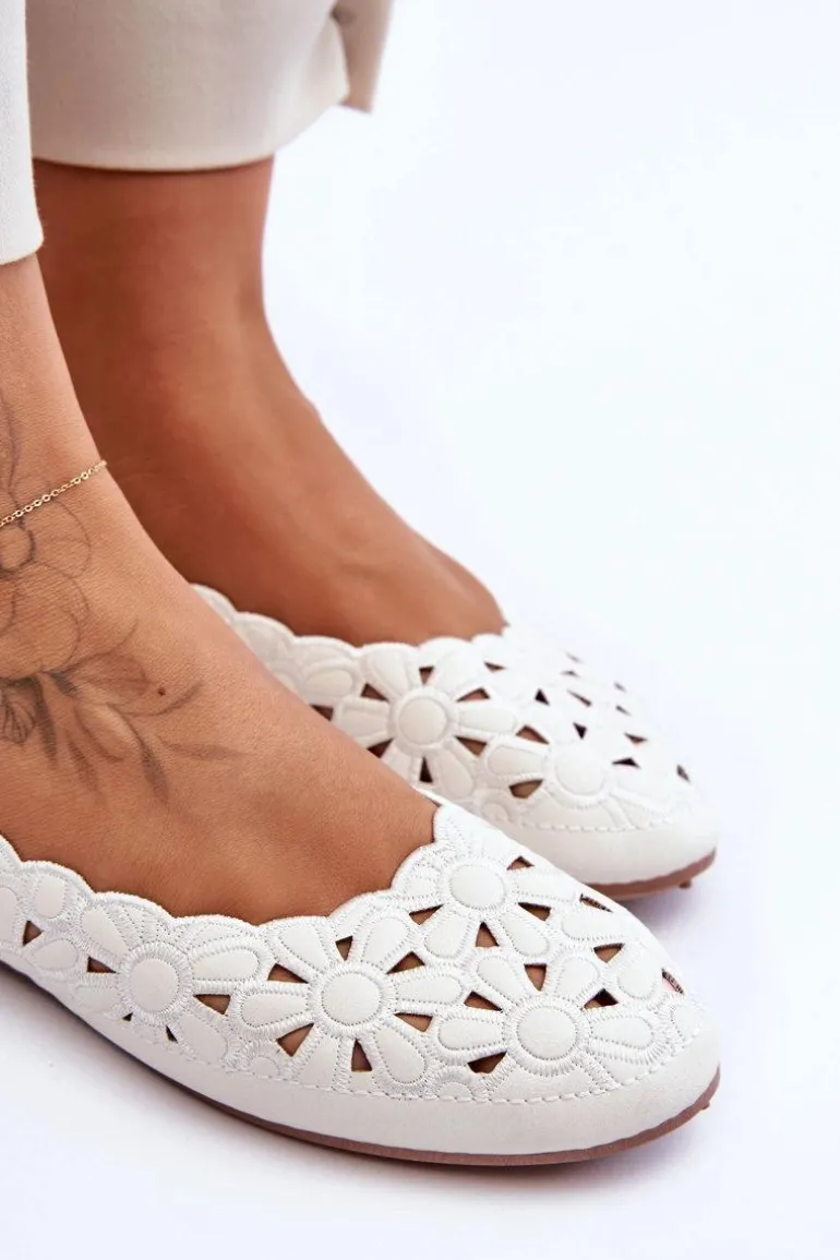 Ażurowe Błyszczące Baleriny Damskie Białe Visionary