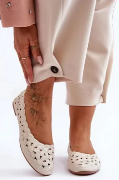 Ażurowe Błyszczące Baleriny Damskie Beżowe Visionary