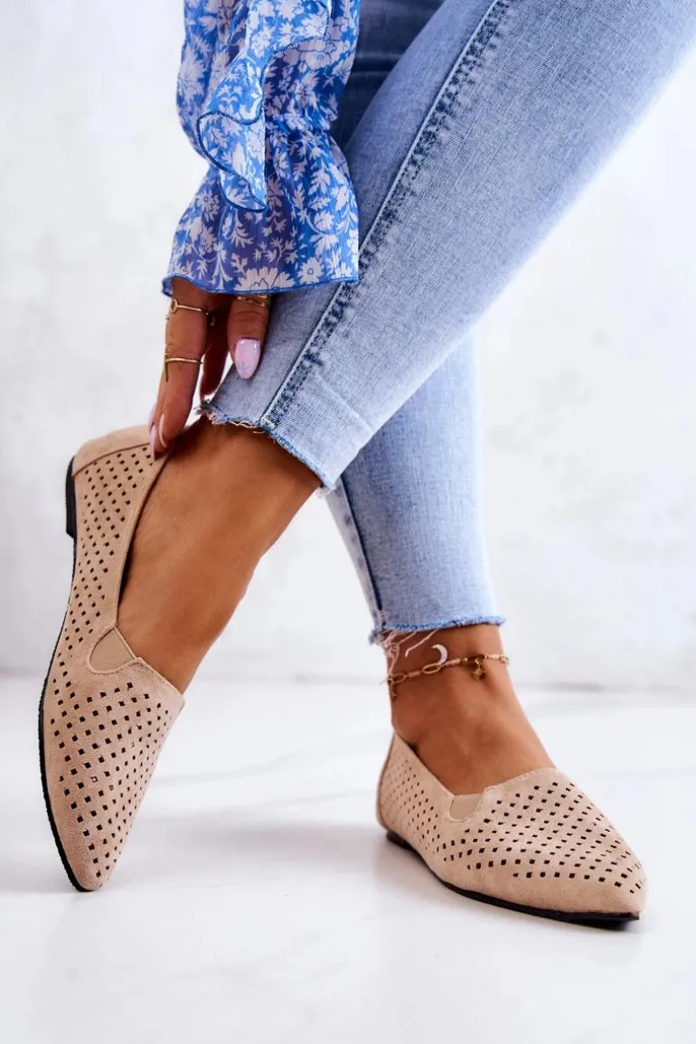 Ażurowe Damskie Baleriny Wsuwane Beżowe Rosario