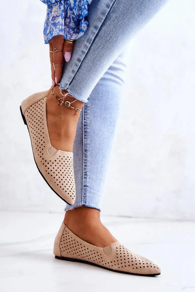 Ażurowe Damskie Baleriny Wsuwane Beżowe Rosario