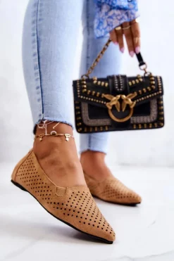 Ażurowe Damskie Baleriny Wsuwane Camel Rosario