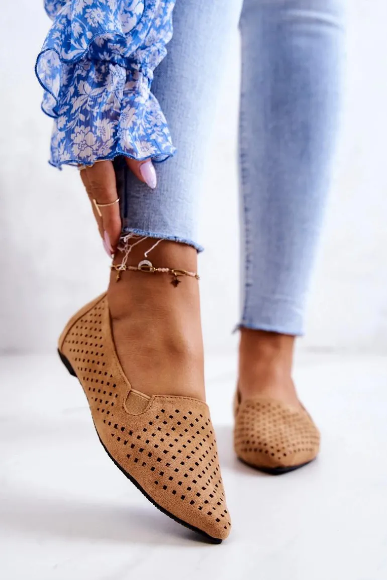 Ażurowe Damskie Baleriny Wsuwane Camel Rosario