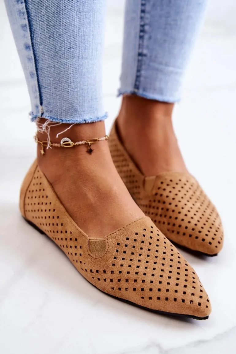 Ażurowe Damskie Baleriny Wsuwane Camel Rosario