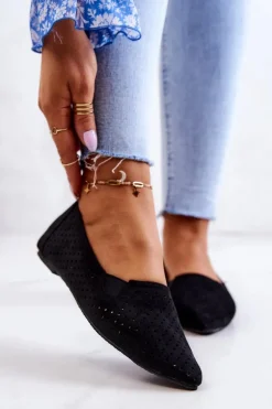 Ażurowe Damskie Baleriny Wsuwane Czarne Rosario