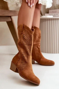 Ażurowe Damskie Botki Kowbojki Na Obcasie Camel Iceda