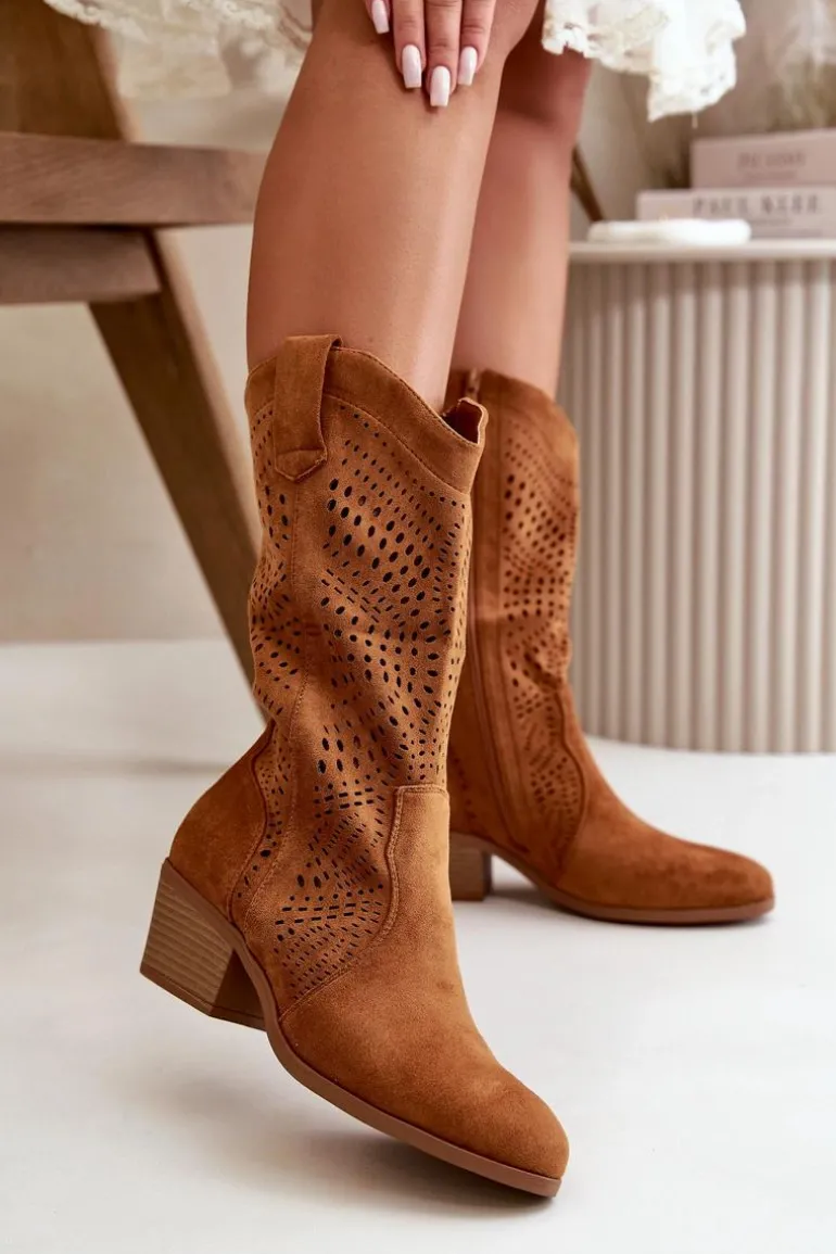 Ażurowe Damskie Botki Kowbojki Na Obcasie Camel Iceda