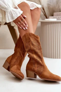 Ażurowe Damskie Botki Kowbojki Na Obcasie Camel Iceda