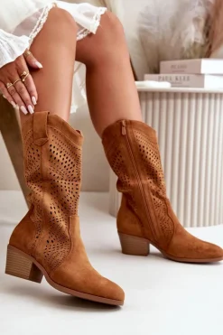 Ażurowe Damskie Botki Kowbojki Na Obcasie Camel Iceda