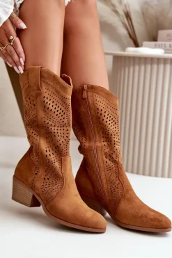 Ażurowe Damskie Botki Kowbojki Na Obcasie Camel Iceda