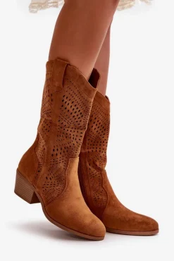 Ażurowe Damskie Botki Kowbojki Na Obcasie Camel Iceda