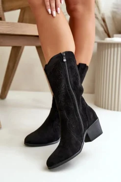 Ażurowe Damskie Botki Kowbojki Na Obcasie Czarne Iceda