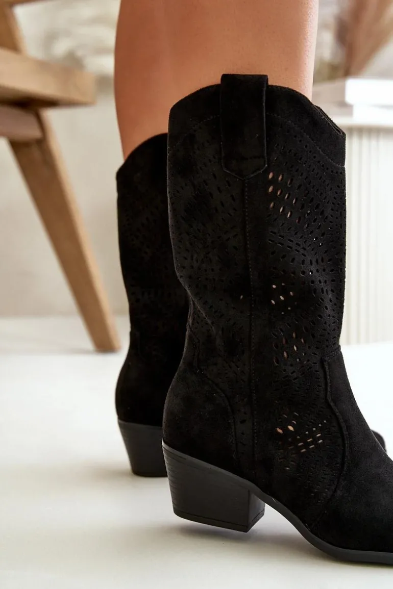 Ażurowe Damskie Botki Kowbojki Na Obcasie Czarne Iceda