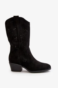 Ażurowe Damskie Botki Kowbojki Na Obcasie Czarne Iceda