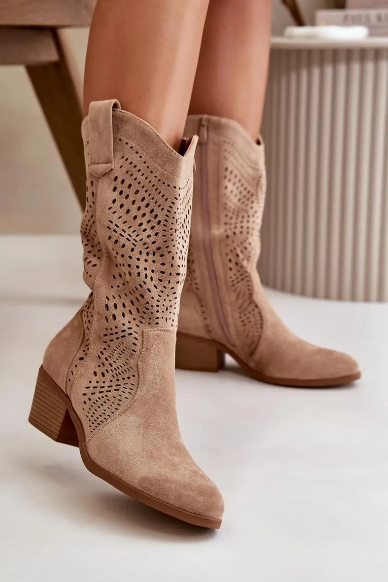 Ażurowe Damskie Botki Kowbojki Na Obcasie Brązowe Iceda